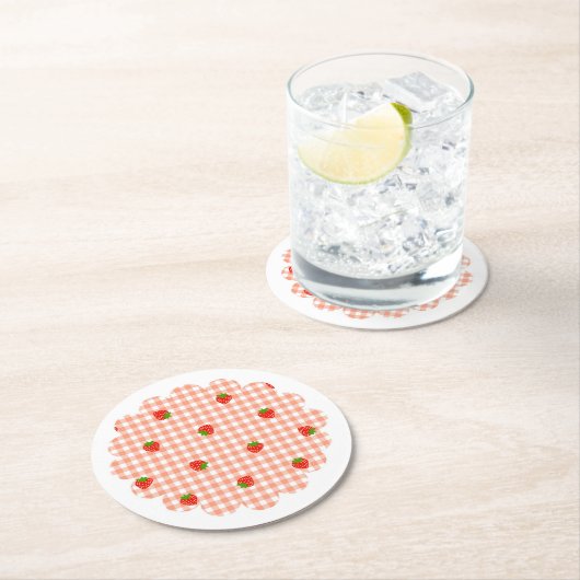 いちご＆ギンガムチェック（サーモンピンク）    RUNDER PAPPUNTERSETZER (Vor Ort)