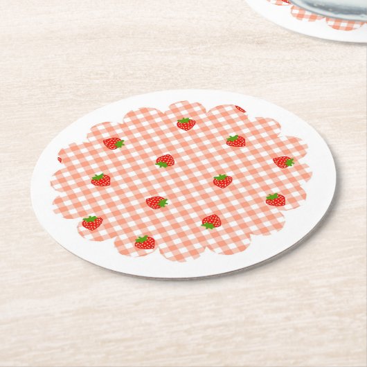 いちご＆ギンガムチェック（サーモンピンク）    RUNDER PAPPUNTERSETZER (Angewinkelt)