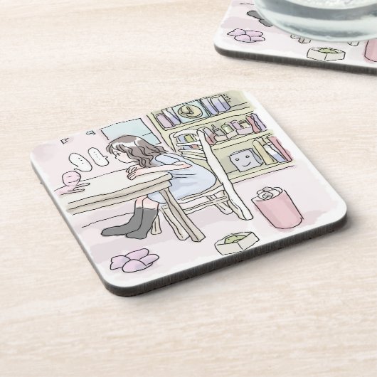 さいくさじ お部屋で机に向かう GETRÄNKEUNTERSETZER (Linke Seite)