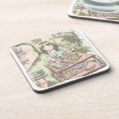 さないやじ　散らかったお部屋の雑貨の置いてある棚を片付ける女性のイラスト GETRÄNKEUNTERSETZER (Linke Seite)