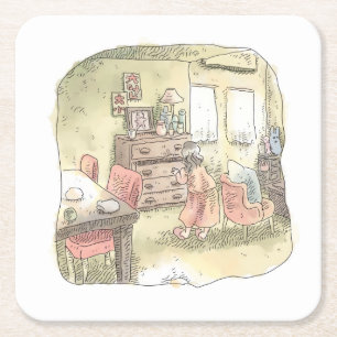 さなくくじ 大きなテーブルのある明るく広い部屋で箪笥の引き出しを開ける女性のイラスト RECHTECKIGER PAPPUNTERSETZER