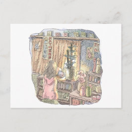 さなくなじ      薄暗いお部屋の植木とカーテンのそばで淡く光る物体を見つめる女性の後ろ姿のイラス POSTKARTE