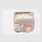 さなくむじ  薄暗いお部屋で本棚のそばに浮いているぼんやり光る物体と女性のイラスト GOLFHANDTUCH (Horizontal)