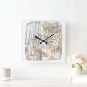 さなごなじ  箪笥のあるお部屋で段ボールの中のウサギに手を差し伸べる女性のイラスト QUADRATISCHE WANDUHR (Zuhause)