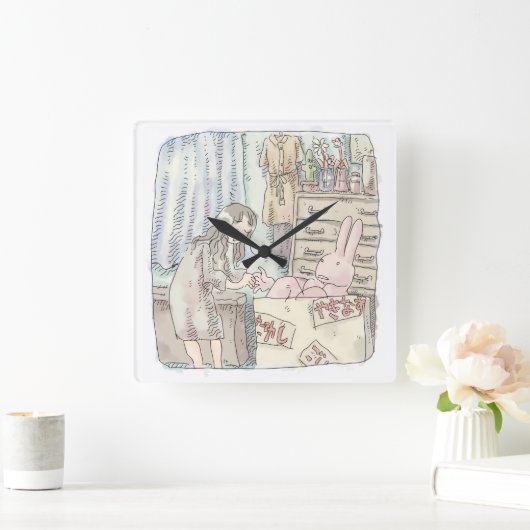 さなごなじ  箪笥のあるお部屋で段ボールの中のウサギに手を差し伸べる女性のイラスト QUADRATISCHE WANDUHR (Zuhause)