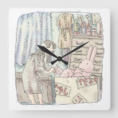 さなごなじ  箪笥のあるお部屋で段ボールの中のウサギに手を差し伸べる女性のイラスト QUADRATISCHE WANDUHR (Vorderseite)