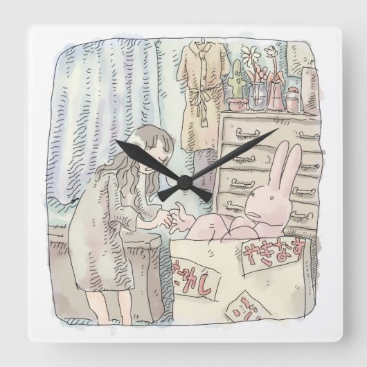 さなごなじ  箪笥のあるお部屋で段ボールの中のウサギに手を差し伸べる女性のイラスト QUADRATISCHE WANDUHR (Vorderseite)