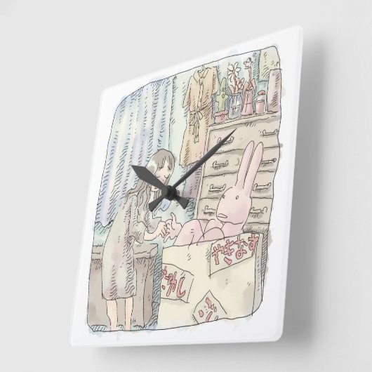 さなごなじ  箪笥のあるお部屋で段ボールの中のウサギに手を差し伸べる女性のイラスト QUADRATISCHE WANDUHR (Winkel)