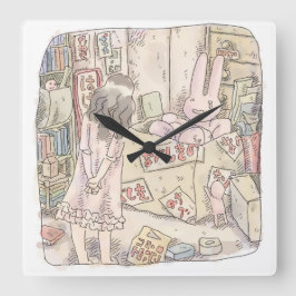 さなごむじ  お部屋の段ボールの中で震えているウサギを見ている女性のイラスト QUADRATISCHE WANDUHR