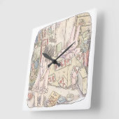 さなごむじ  お部屋の段ボールの中で震えているウサギを見ている女性のイラスト QUADRATISCHE WANDUHR (Winkel)