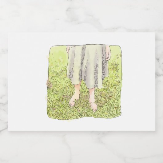 さなごれじ 春の広い緑の草原に素足で立つワンピースの女性の足元 LEBENSMITTELETIKETT (Einzelnes Label)