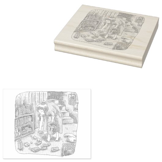 さなささじ  部屋の階段わきで屈んでたくさん落ちているゴミを拾う女性のイラスト GUMMISTEMPEL (Stempel)