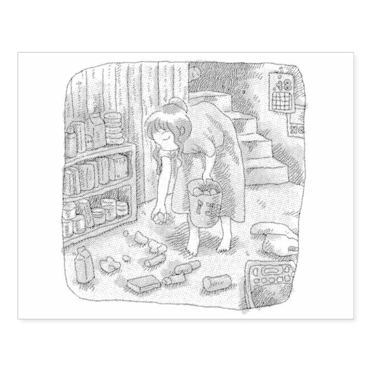 さなささじ  部屋の階段わきで屈んでたくさん落ちているゴミを拾う女性のイラスト GUMMISTEMPEL (Prägung)