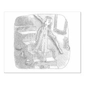 さなさにじ 薄暗い水色の下り階段を手すりを持ってゆっくり歩いているワンピースの女性のイラスト GUMMISTEMPEL (Prägung)