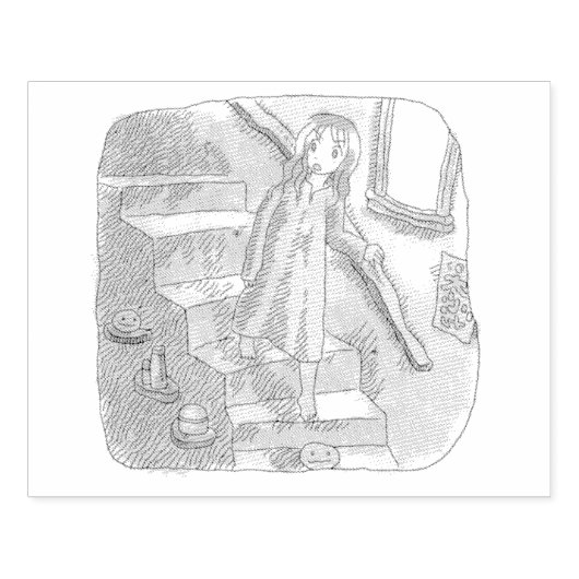 さなさにじ 薄暗い水色の下り階段を手すりを持ってゆっくり歩いているワンピースの女性のイラスト GUMMISTEMPEL (Prägung)