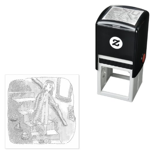 さなさにじ  薄暗い水色の下り階段を手すりを持ってゆっくり歩いているワンピースの女性のイラスト PERMASTEMPEL (Beispiel)