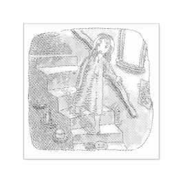 さなさにじ  薄暗い水色の下り階段を手すりを持ってゆっくり歩いているワンピースの女性のイラスト PERMASTEMPEL