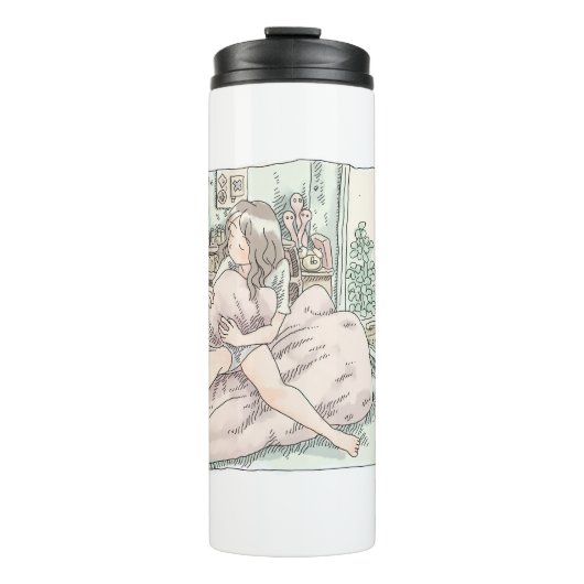 さなさやじ　ベランダのある部屋の窓際で布団の上でクッションを抱きしめて座る女性のイラスト THERMOSBECHER (Vorderseite)