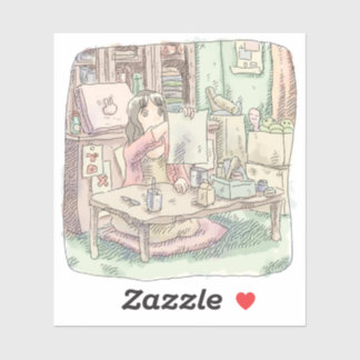 さなししじ　部屋で茶色い机の前に座って書き上げた紙を持っている女性のイラスト AUFKLEBER