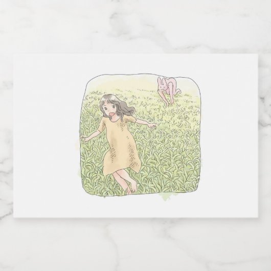 さなしむじ 広い緑の草原を追いかける兎から走って逃げる橙色のワンピースの女性 LEBENSMITTELETIKETT (Einzelnes Label)