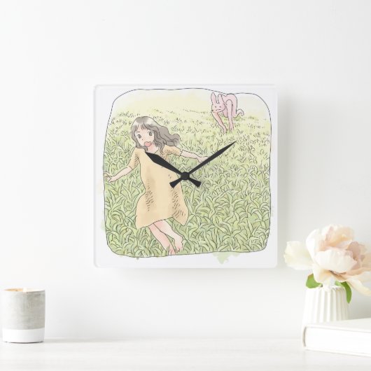 さなしむじ　広い緑の草原を追いかける兎から走って逃げる橙色のワンピースの女性 QUADRATISCHE WANDUHR (Zuhause)