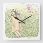 さなしむじ　広い緑の草原を追いかける兎から走って逃げる橙色のワンピースの女性 QUADRATISCHE WANDUHR (Vorderseite)