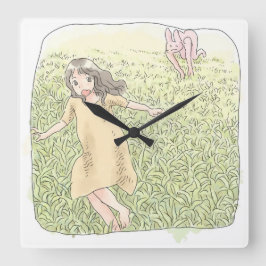 さなしむじ　広い緑の草原を追いかける兎から走って逃げる橙色のワンピースの女性 QUADRATISCHE WANDUHR