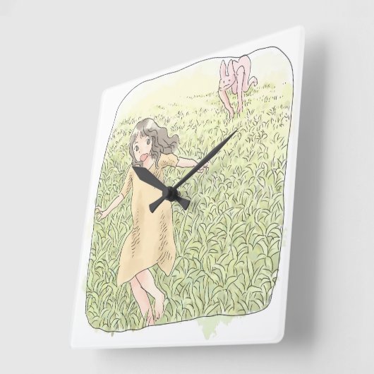 さなしむじ 広い緑の草原を追いかける兎から走って逃げる橙色のワンピースの女性 QUADRATISCHE WANDUHR (Winkel)