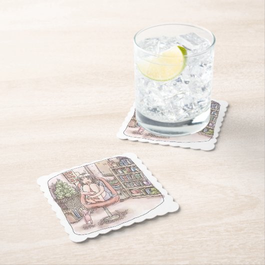 さなにくじ  本棚のある部屋、赤い椅子の上に座って身体を丸める女性のイラスト UNTERSETZER (Vor Ort)