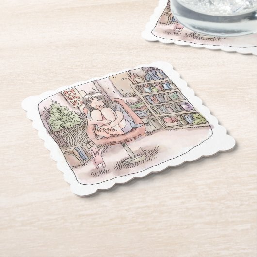 さなにくじ  本棚のある部屋、赤い椅子の上に座って身体を丸める女性のイラスト UNTERSETZER (angewinkelt)