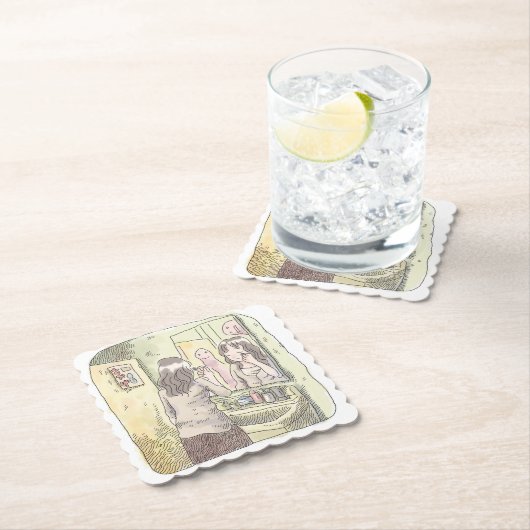 さなにしじ 黄色い洗面所で鏡に映る自分を見ながらメイク道具を使う女性のイラスト UNTERSETZER (Vor Ort)