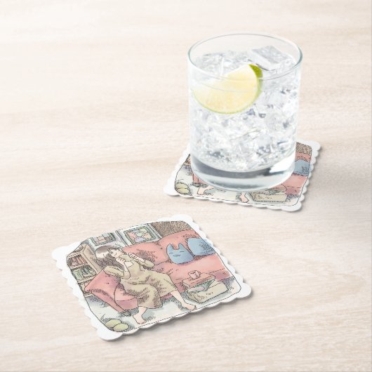 さなににじ お部屋の中で真っ赤なソファに腰を掛けてまったりカップをすする女性のイラスト UNTERSETZER (Vor Ort)