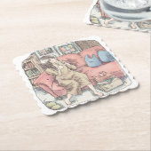 さなににじ　お部屋の中で真っ赤なソファに腰を掛けてまったりカップをすする女性のイラスト UNTERSETZER (angewinkelt)