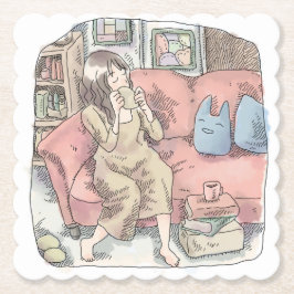 さなににじ　お部屋の中で真っ赤なソファに腰を掛けてまったりカップをすする女性のイラスト UNTERSETZER