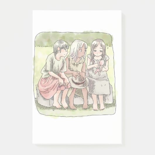 さなにやじ 野外で、椅子に座って仲良くしている三人の裸足の女の子のイラスト POST-IT KLEBEZETTEL (Vorderseite)