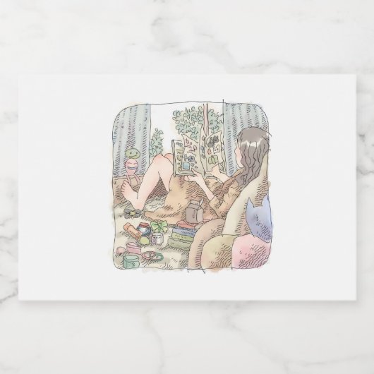 さなむごじ カーテンのある窓際に寝そべって本を読む素足の女性のイラスト SCHAUMWEINETIKETT (Einzelnes Label)