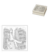 さなやくじ 水色のお部屋で、たくさんある本棚の一つの上に座っている素足の女性のイラスト GUMMISTEMPEL (Stempel)