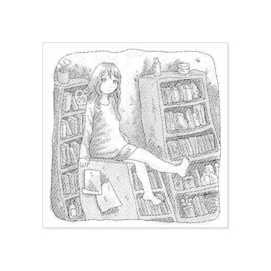 さなやくじ 水色のお部屋で、たくさんある本棚の一つの上に座っている素足の女性のイラスト GUMMISTEMPEL (Prägung)