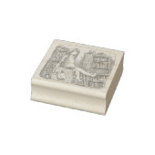 さなやくじ 水色のお部屋で、たくさんある本棚の一つの上に座っている素足の女性のイラスト GUMMISTEMPEL (Stempel)