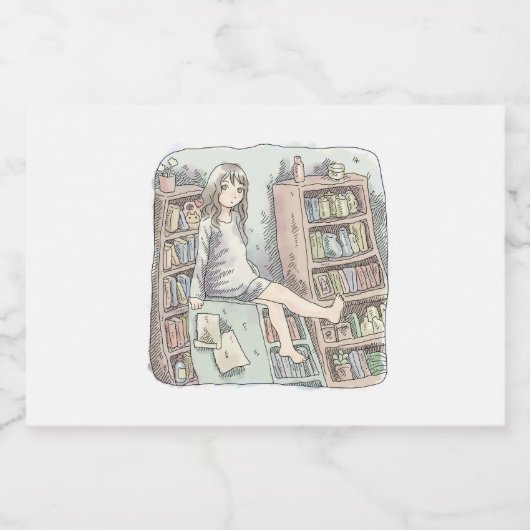 さなやくじ　水色のお部屋で、たくさんある本棚の一つの上に座っている素足の女性のイラスト SCHAUMWEINETIKETT (Einzelnes Label)