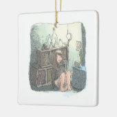 さなやにじ   薄明るい水色のお部屋の本棚のそばで座る素足の女性のイラスト KERAMIKORNAMENT (Links)