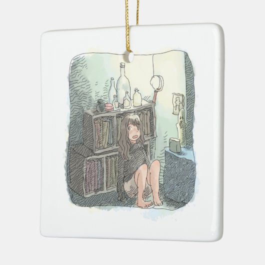 さなやにじ   薄明るい水色のお部屋の本棚のそばで座る素足の女性のイラスト KERAMIKORNAMENT (Links)