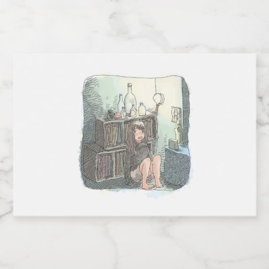 さなやにじ 薄明るい水色のお部屋の本棚のそばで座る素足の女性のイラスト SCHAUMWEINETIKETT (Einzelnes Label)