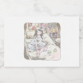 さなれなじ 寝室の壁際のベッドの上で、胡坐をかいてノートパソコンを使う女性のイラスト SCHAUMWEINETIKETT (Einzelnes Label)