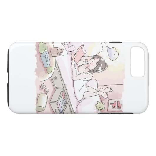 さにいれじ　ピンク色の寝室の明るい照明の下で寝転んで本を読みながらくつろぐ女性のイラスト Case-Mate iPhone HÜLLE (Rückseite (Horizontal))