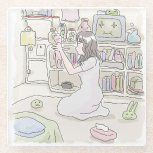 さにさくじ 薄茶色のお部屋の床に座って何かを持ち上げて眺める女性のイラスト GLASUNTERSETZER