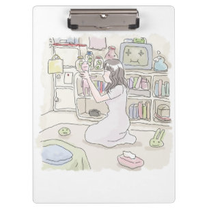 さにさくじ 薄茶色のお部屋の床に座って何かを持ち上げて眺める女性のイラスト KLEMMBRETT