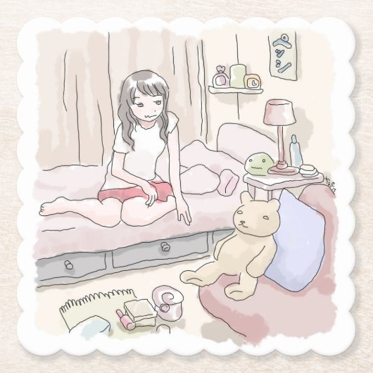 さにさごじ ぬいぐるみの置いてある寝室のベッドにへたり込んでいる女性のイラスト UNTERSETZER (Vorderseite)