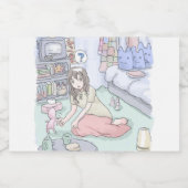 さにしれじ　緑のカーペットが敷いてある寝室でへたり込んでいる女性のイラスト LEBENSMITTELETIKETT (Einzelnes Label)