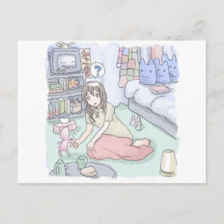 さにしれじ 緑のカーペットが敷いてある寝室でへたり込んでいる女性のイラスト POSTKARTE